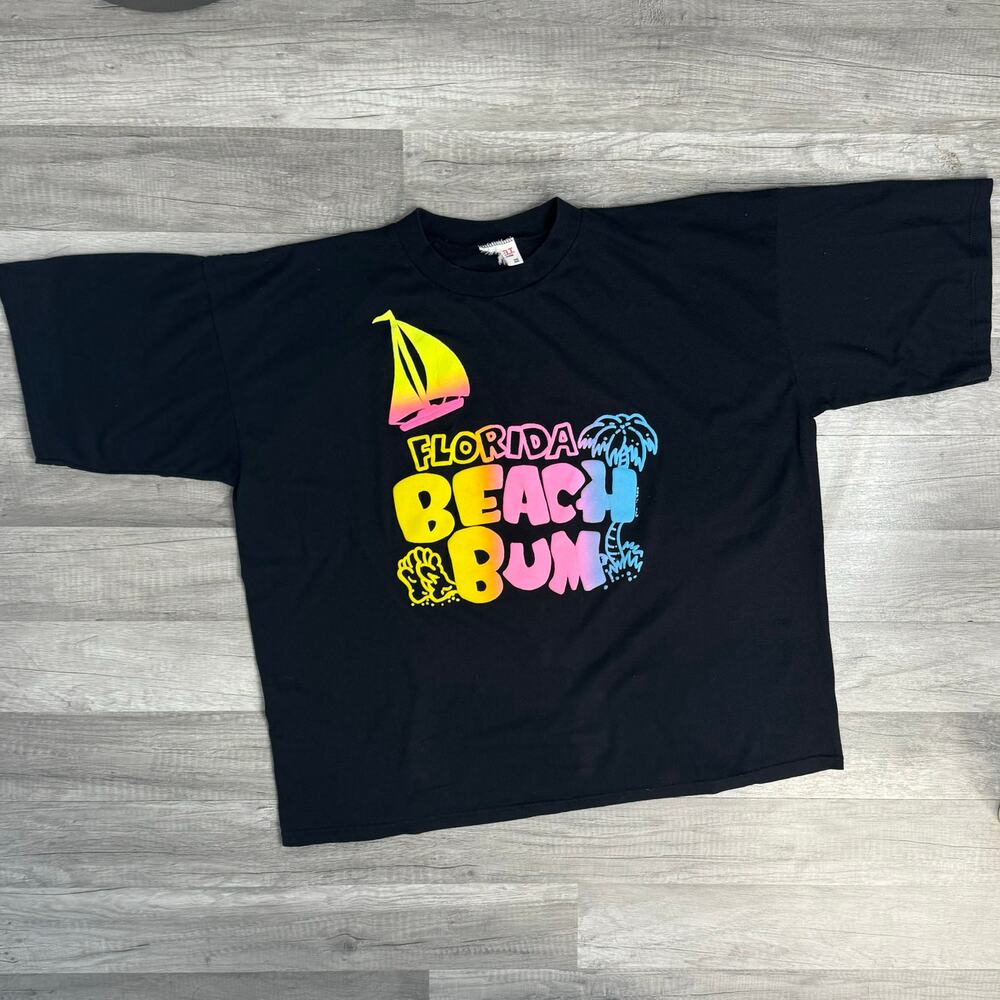 Vintage Beach Bum Florida Puff Print Black T-Shirt One Size